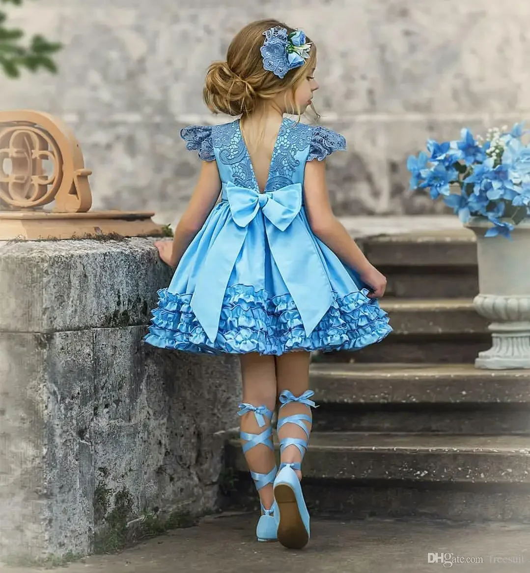 Blaue geschwollene Blumenmädchenkleider für die Hochzeit, Mini-Spitze, Satin, O-Ausschnitt, Applikation, Prinzessin, Geburtstagsfeier, Erstkommunion, Ballkleider