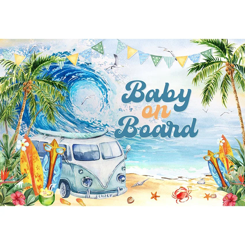 Mehofond Baby on Board Backdrop Summer Seaside Surfboard Bus Party Decoration Birthday Photography Background Photocall Props