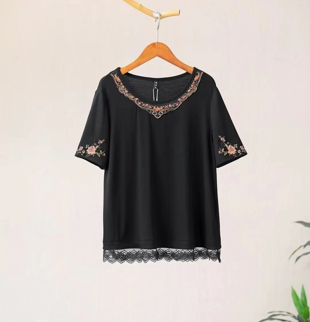 

NEW women's t-shirt Black O-neck short sleeves summer tops ethnic style embroidery lace high stretch clothes