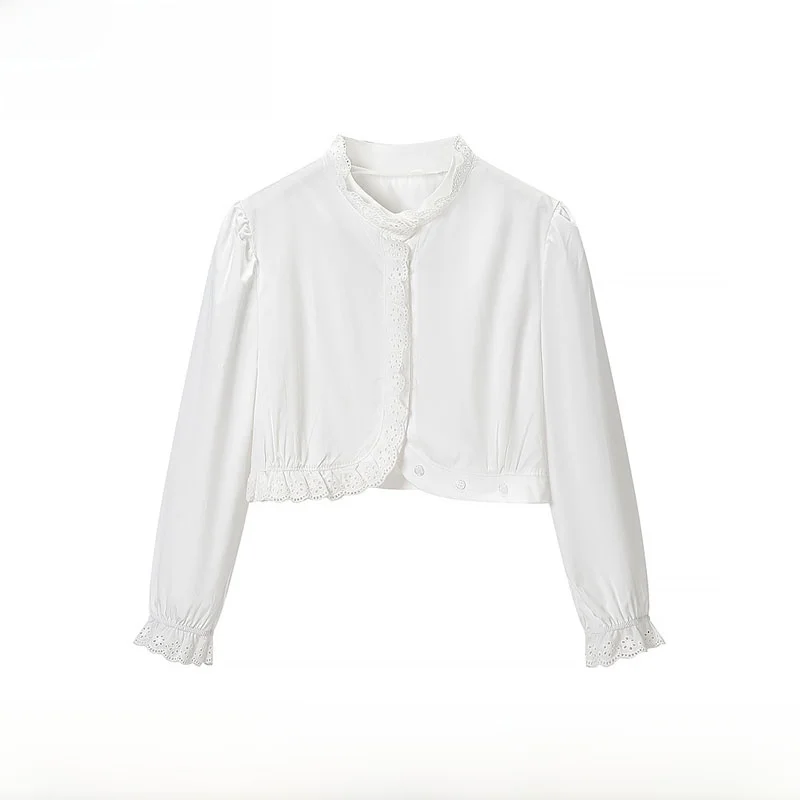 

Fashionable Short Embroidered Shirt Women's Slim Fit Cotton Shirt Sleeve Long round Neck Spring Summer New Arrival ZR Style