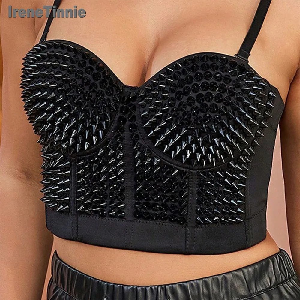 

IRENE TINNIE 2024 Fashion Backless Tank Top Women Rivet suspenders Crop Top Push Up Corset Black Clothes Party Nightclub