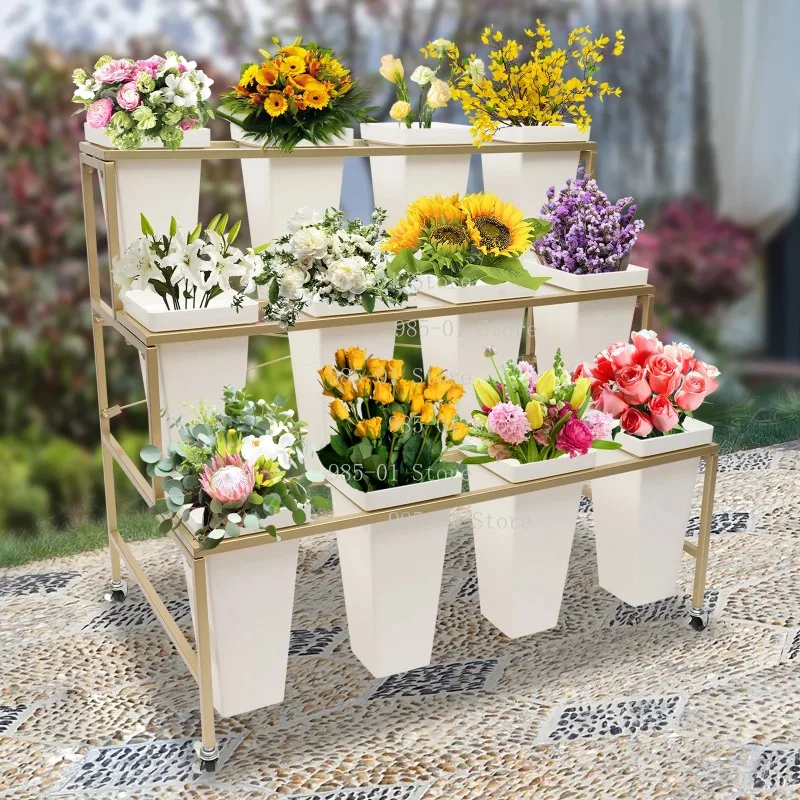 3-layer metal plant stand with wheels, includes 12pcs buckets, flower display stand for indoor and outdoor terraces and gardens