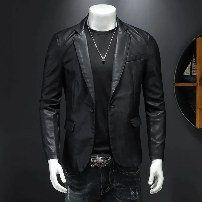 2023 New Trend Slim Fit Leather Coat Suit Men's Single Button Leather Coat Casual Small Suit Men's Korean Popular Jacket Trend