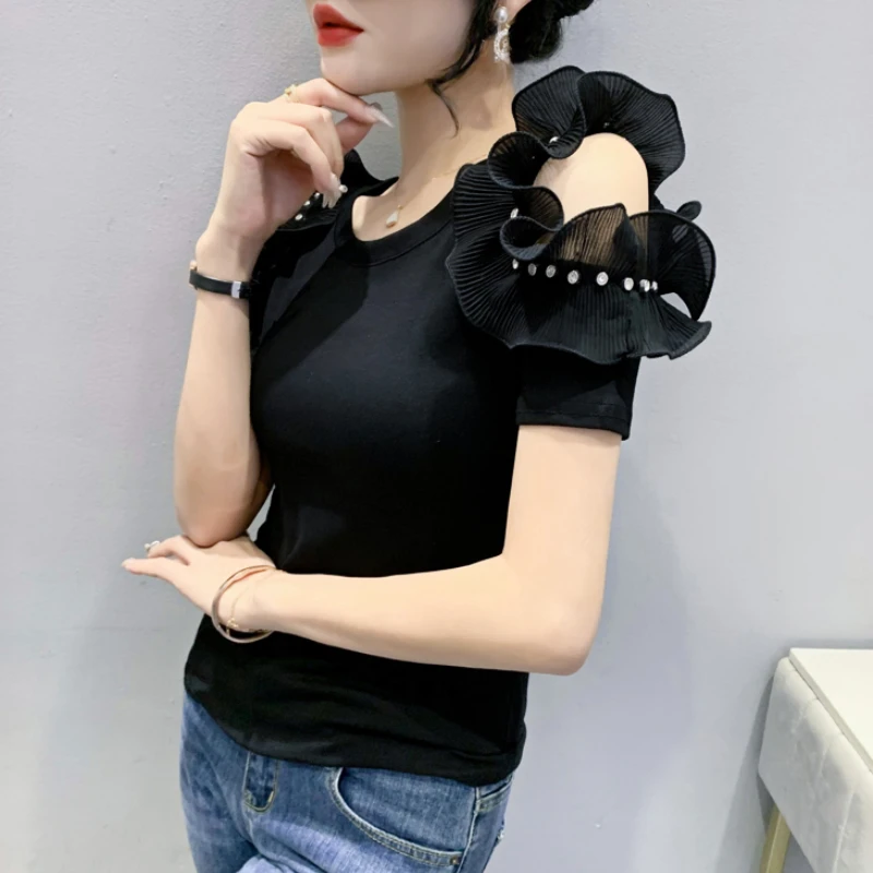 Lady Fashion Sexy Lace Splicing Off Shoulder T Shirts for Women Clothing Girls Vintage Tops Female Woman Nice Clothes PAT5163 2