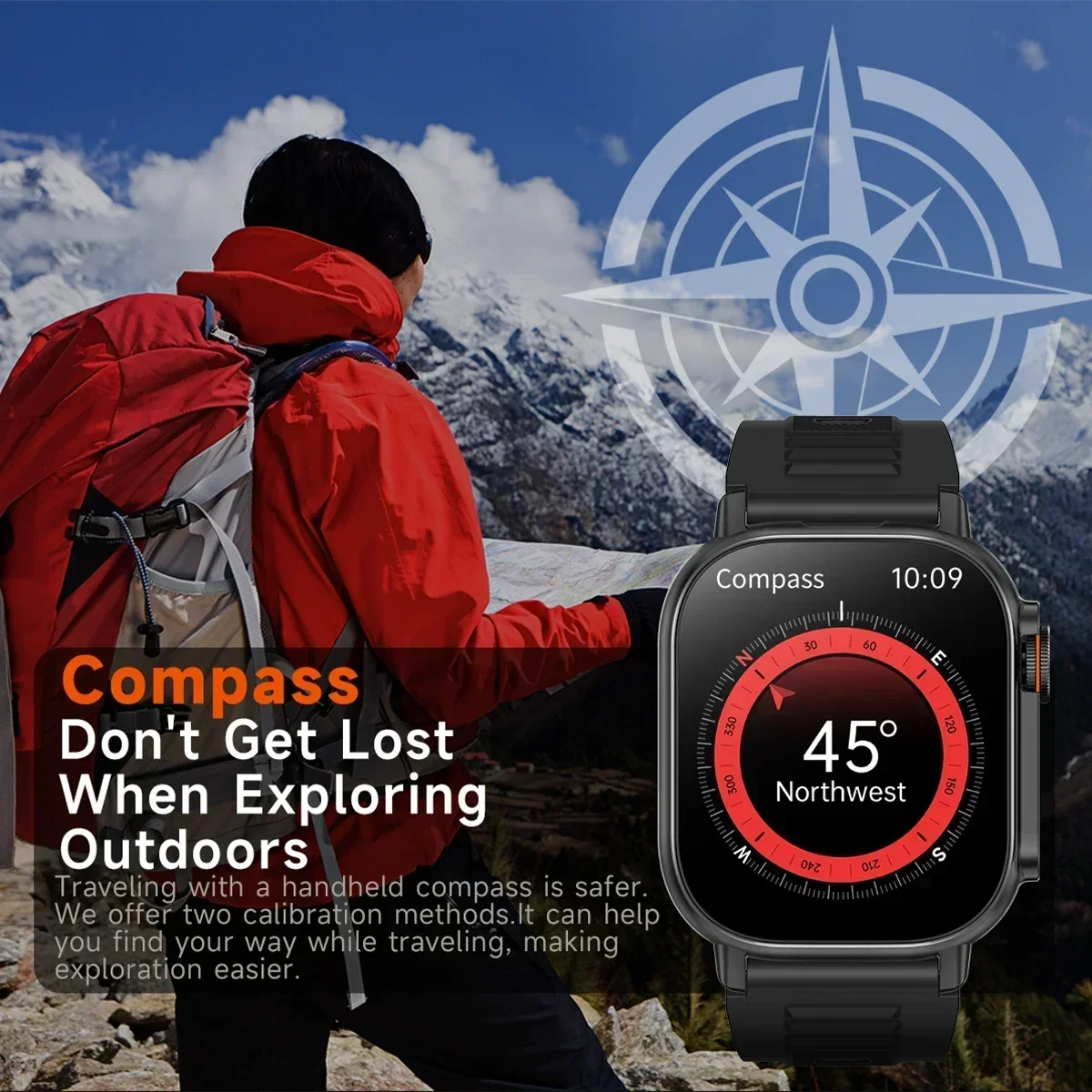 KPEP 1000mAh ساعة ذكية الرجال مصباح يدوي البوصلة مقاوم للماء 1000mAh بطارية كبيرة بلوتوث دعوة مراقب معدل ضربات القلب Smartwatch