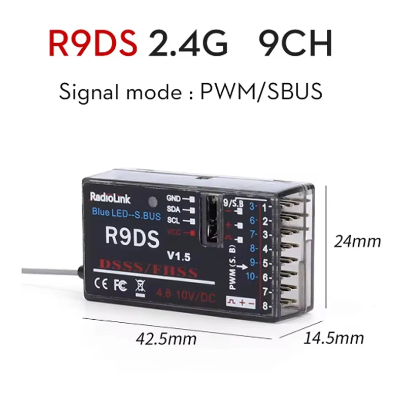 RadioLink R9DS 2.4G 9CH DSSS & FHSS Receiver for RadioLink AT9 AT10 Transmitter RC Multirotor Support For S-BUS PWM