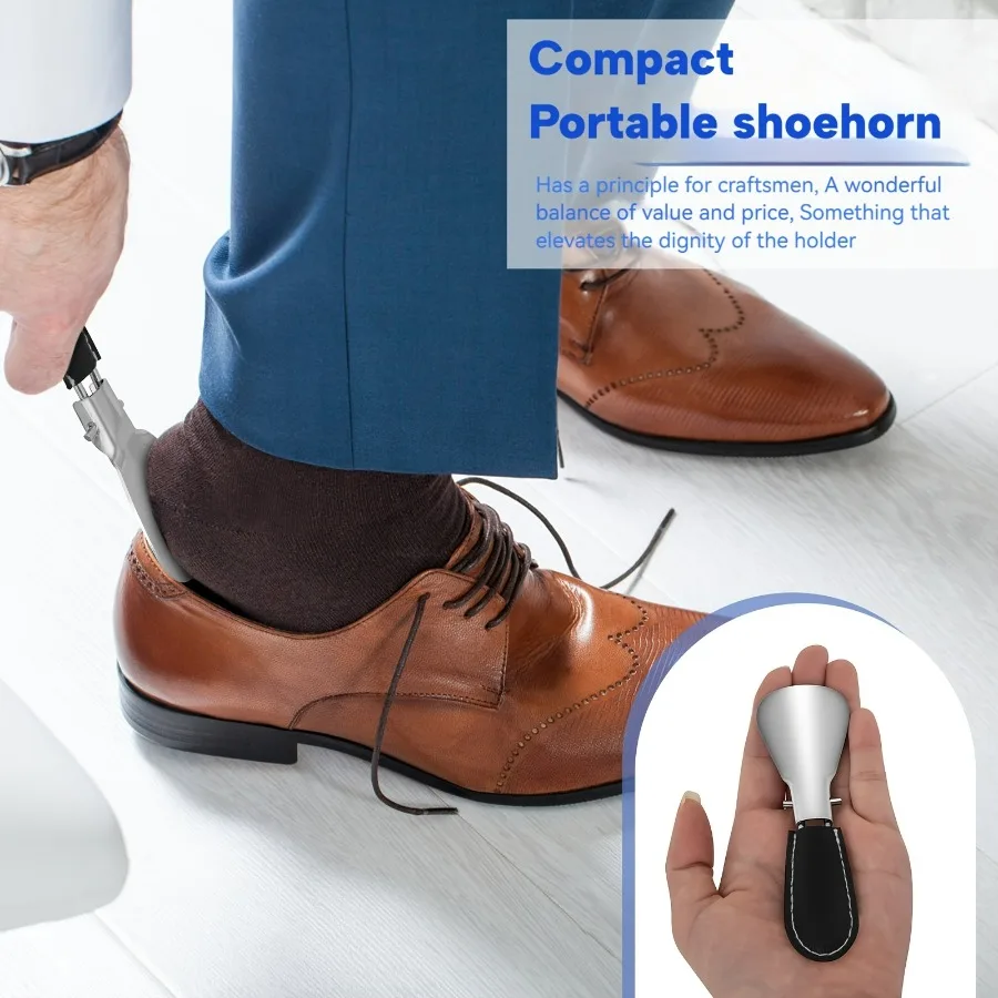 12CM Mini Folding Shoe Horn with Black PU Leather Case, Lightweight Rustproof Durable, Portable for Travel Commute