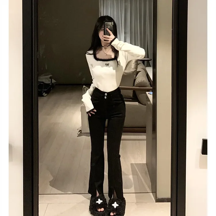 High-End Feeling Soft And Supple Women's Winter Knit Design Sensibility Niche Insider Top Square Collar White Base Layer Pullove