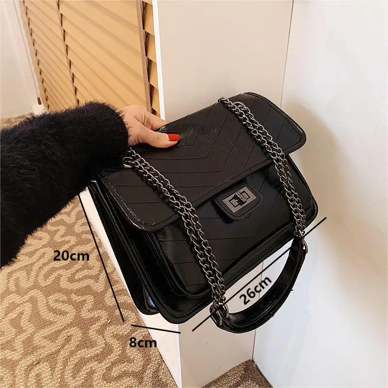 2024 Trendy Women\'s Black PU Leather Shoulder Bags Fashion Versatile Female Chain Crossbody Bags High-end Commuter Flap Handbags