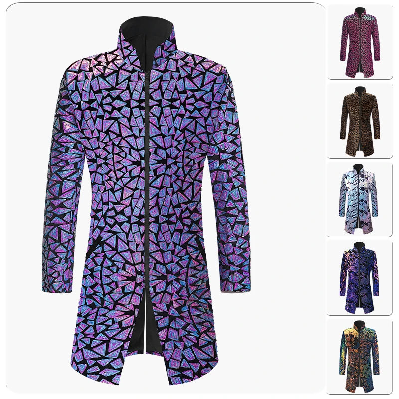 Men Double-sided Colorful Sequins Long Suit Jacket Blazer Male Gradient Sequins Coat Stage Singer Costume Shiny trench jacket