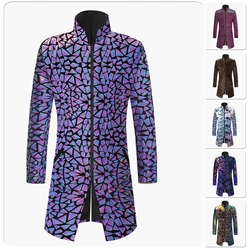 Men Double-sided Colorful Sequins Long Suit Jacket Blazer Male Gradient Sequins Coat Stage Singer Costume Shiny trench jacket