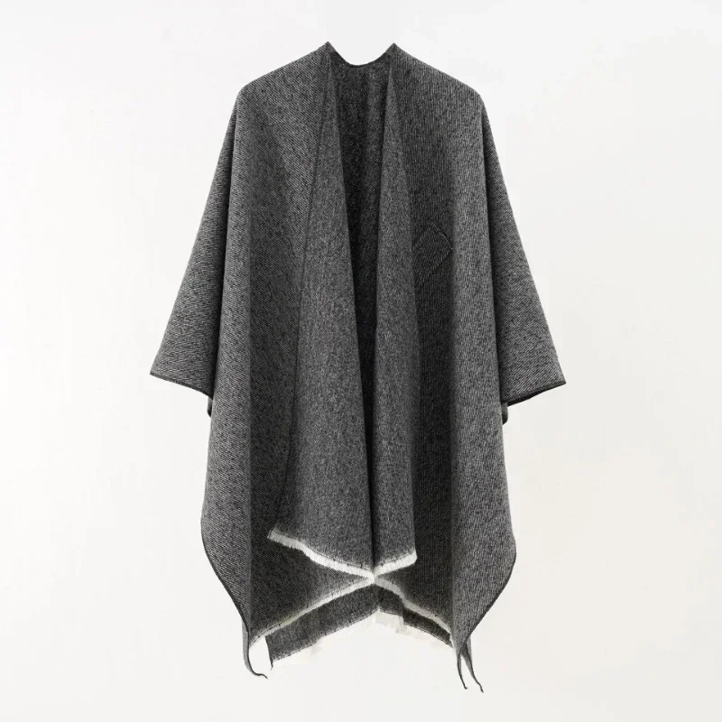 Women Cashmere Feel Shawl Coat Lady Winter Cape with Band Spring Autumn Retro Cardigan Classic Simple Cloak Soft Large Blanket