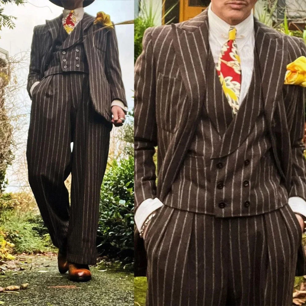 

3- piece Men's Suit Set Retro Striped Woolen Suit Business Casual Tailored Plus Size Man Suit( Jacket+Vest+Pants)For Groom