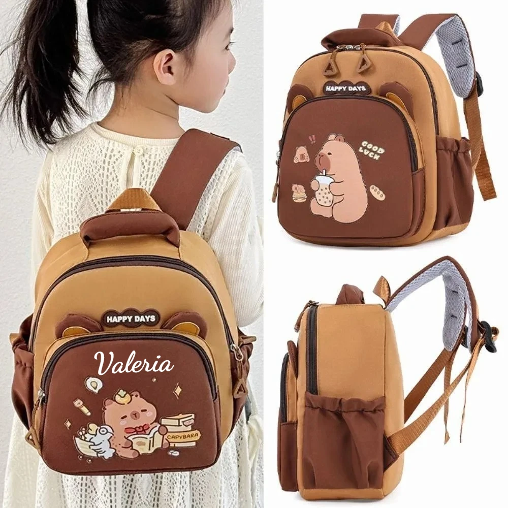 Custom Name Capybara Print Backpack Cute Cartoon Design Adjustable Straps & Zipper Closure Schoolbag Ideal for Kid School Travel