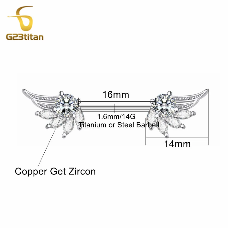 2pcs High Quality Zircon Angel Wings Nipple Rings Piercing Titanium Steel 14G Barbell Women Sexy Summer Nipple Jewelry Accessory