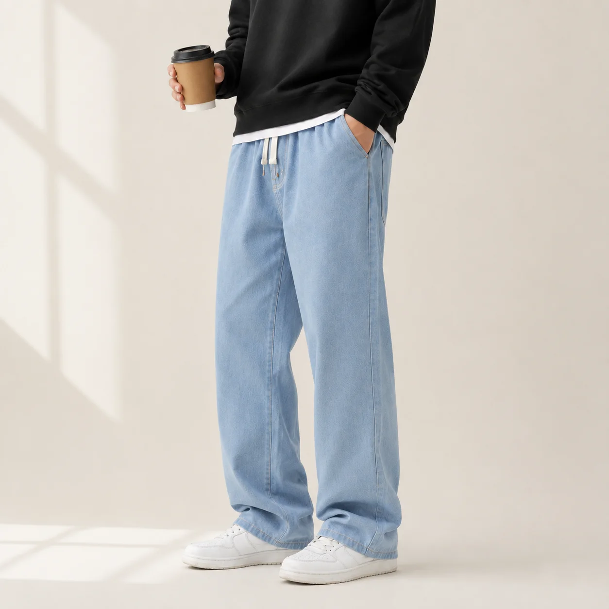 Men's Korean Loose Straight Jeans Autumn Winter Wide Leg Denim Pants Casual Drawstring Streetwear Trousers Fashion Black Blue