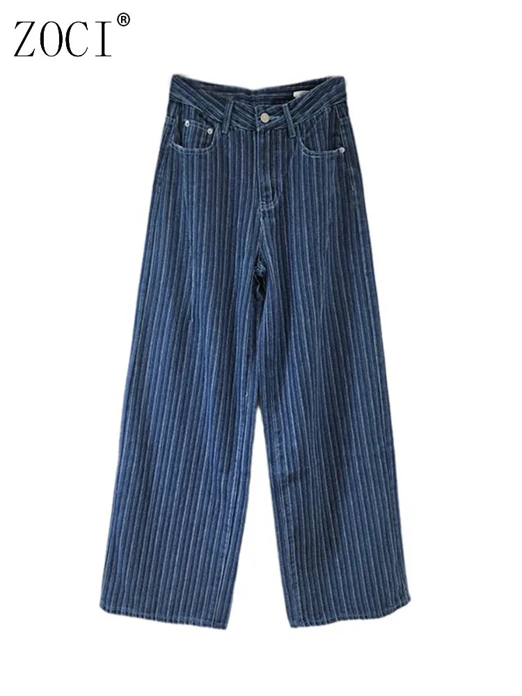 

ZOCI женские джинсы с высокой талией в полоску, свободные прямые широкие брюки, винтажные повседневные джинсовые брюки, новинка лета 2025 г.