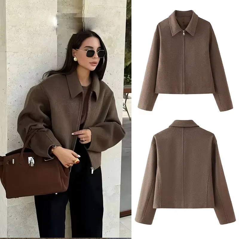 

Женское модное коричневое укороченное пальто цвета хаки с длинными рукавами, женское повседневное свободное пальто с отложным воротником и карманом на молнии, плотная верхняя одежда