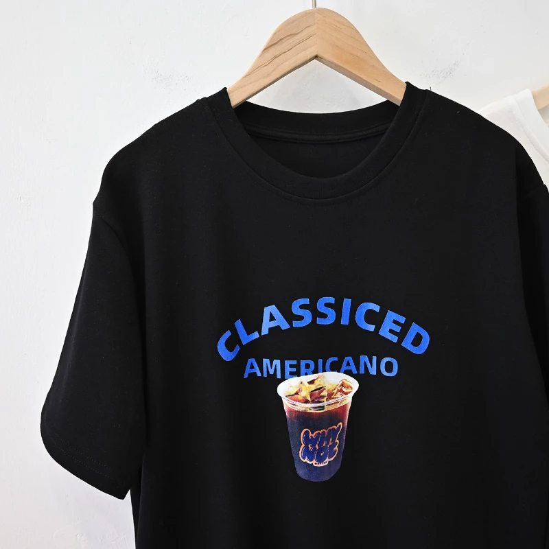 تي شيرت كلاسيكي مطبوع للقهوة من الولايات المتحدة ، جاراجاو ، على الطراز الكوري ، بسيط ، غير رسمي ، رقبة مستديرة ، بأكمام قصيرة ، بوليستر ، علوي