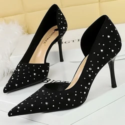 BIGTREE Shoes Rhinestone Design Kitten Heels Women 8 Cm Pumps Silk Satin Luxury High Heels Stilettos Banquet Shoes Plus Size 43