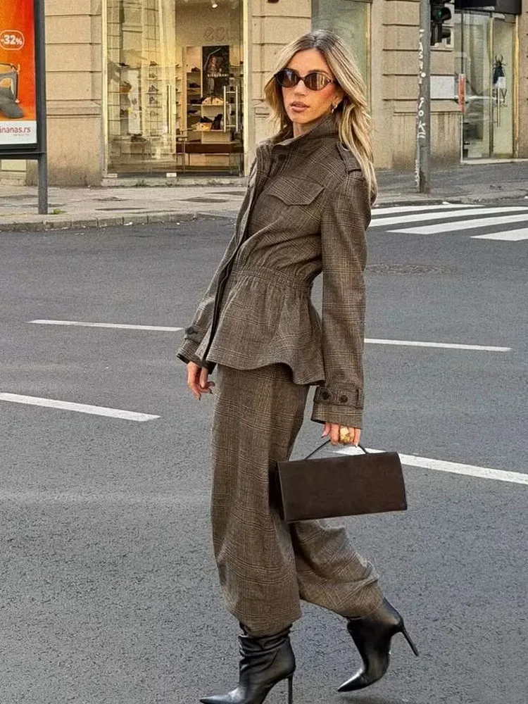 HH Women's 2025 Winter Fashion Versatile 2-Piece Set Wool blend Plaid Ruffled Hem Jacket+Casual Balloon Version Long Trousers