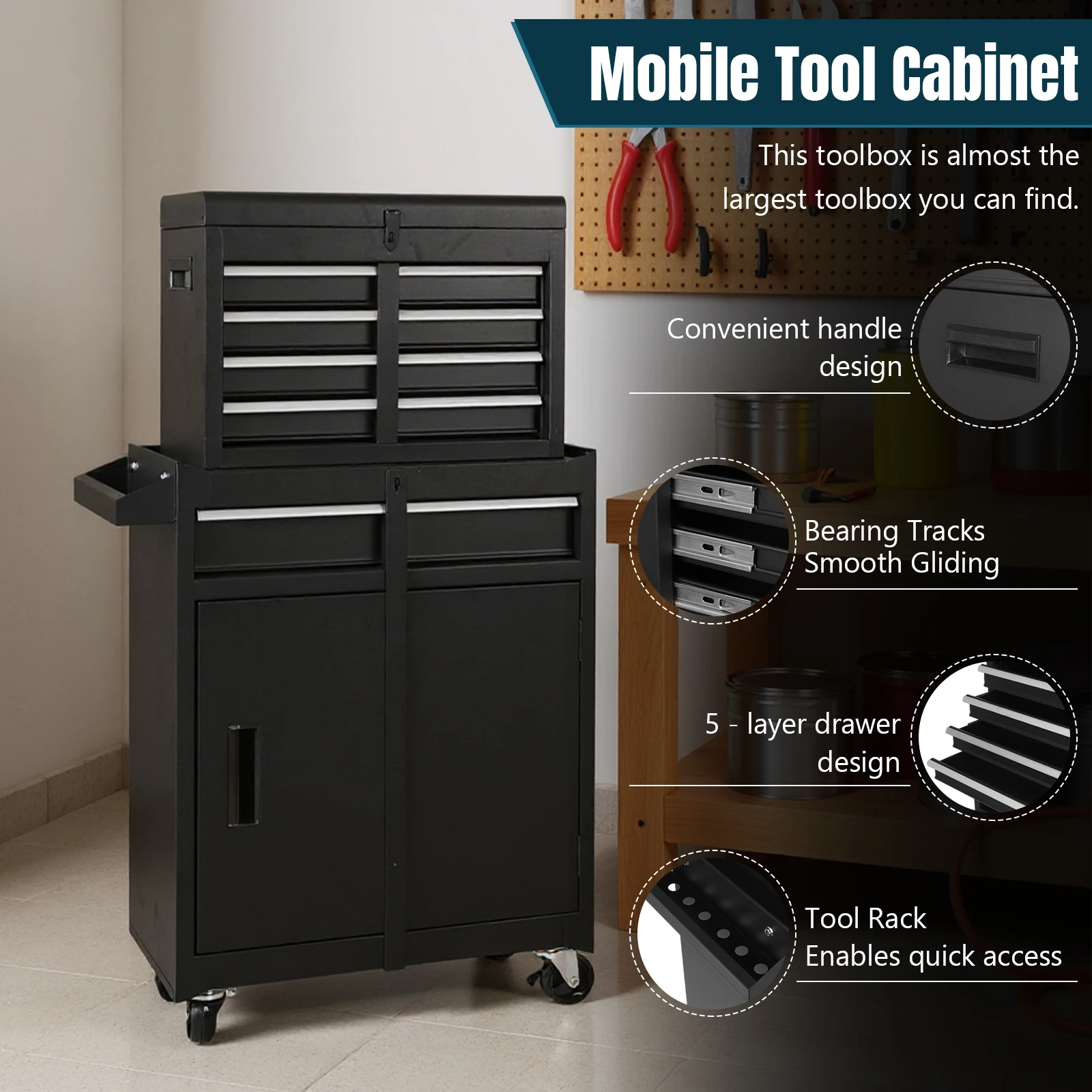Mechanic Tool Storage Box with Double Door & Wheels Parts Storage Cabinets Large Capacity Metal Tool Cart for Garage Tool Room