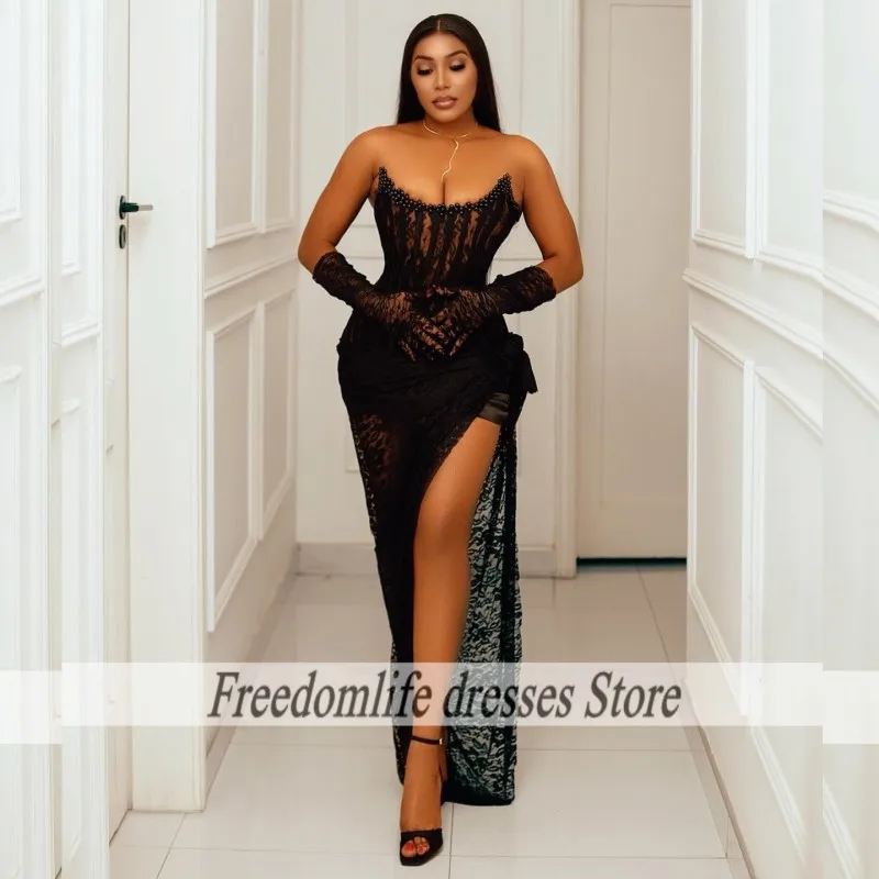 

Sexy Lace Evening Dresses For Women Strapless Pearls Split Prom Gowns With Gloves Corset Party Dress Customized