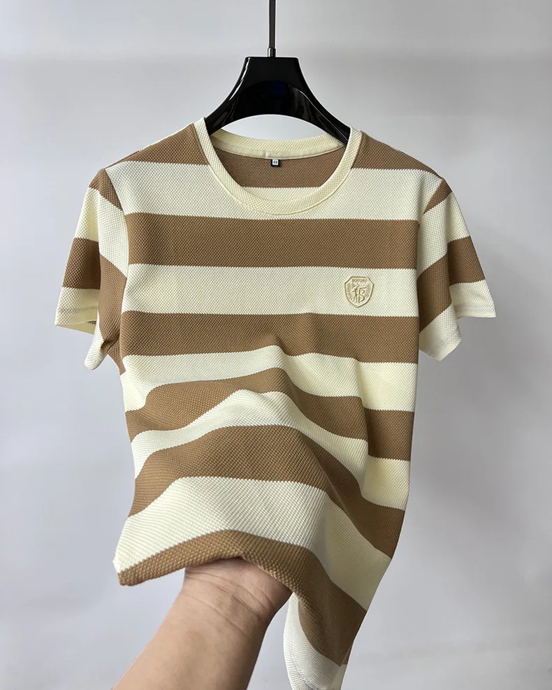 2024 High end brand fashion badge printed short sleeve T-shirt men summer trend striped round neck T-shirt casual breathable top