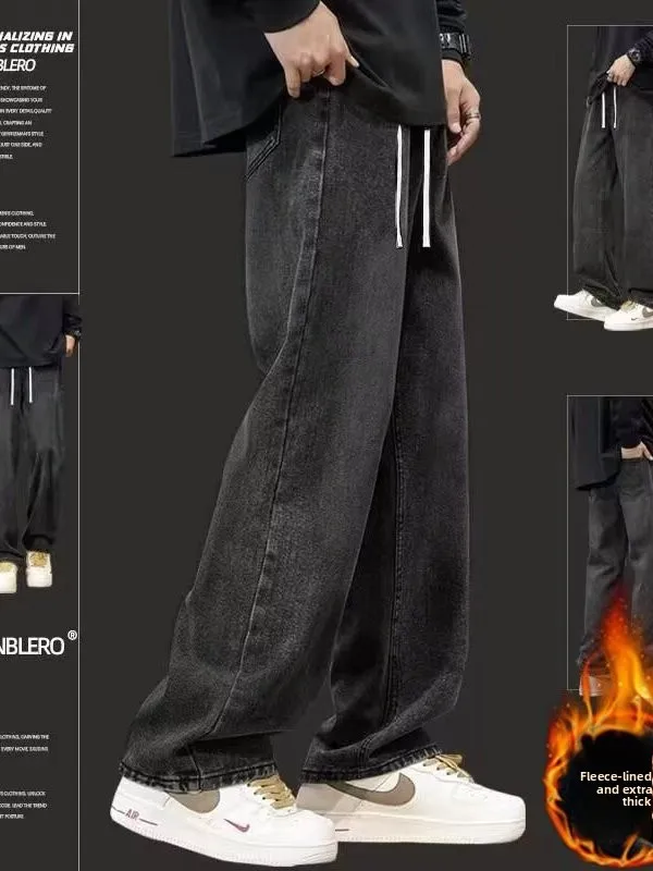 

Американские джинсы из денима с флисовой подкладкой, свободного кроя, для мужчин, осенне-зимние, прямые, модные, длинные брюки