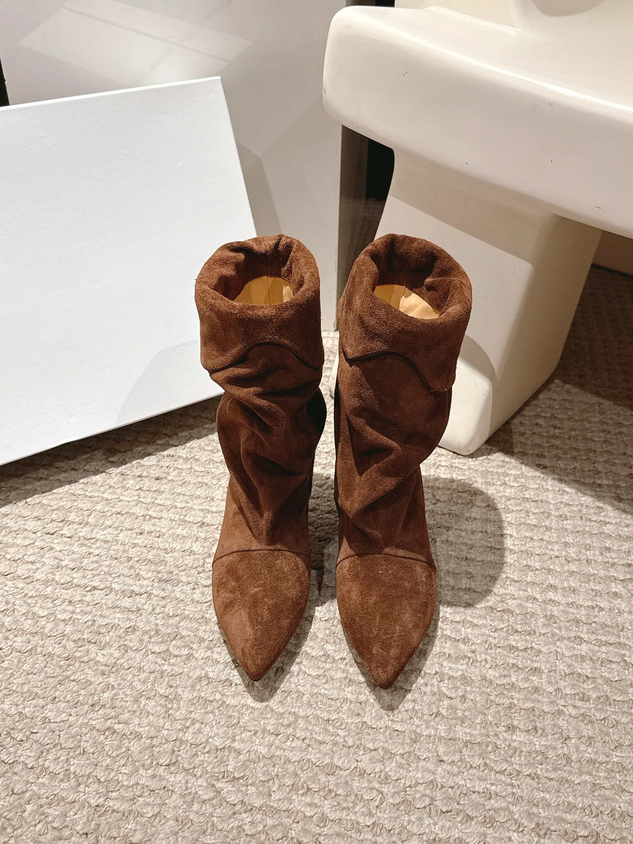 

2025 Winter autumn suede leather calf boots booties pleated genuine leather low thin heel boots