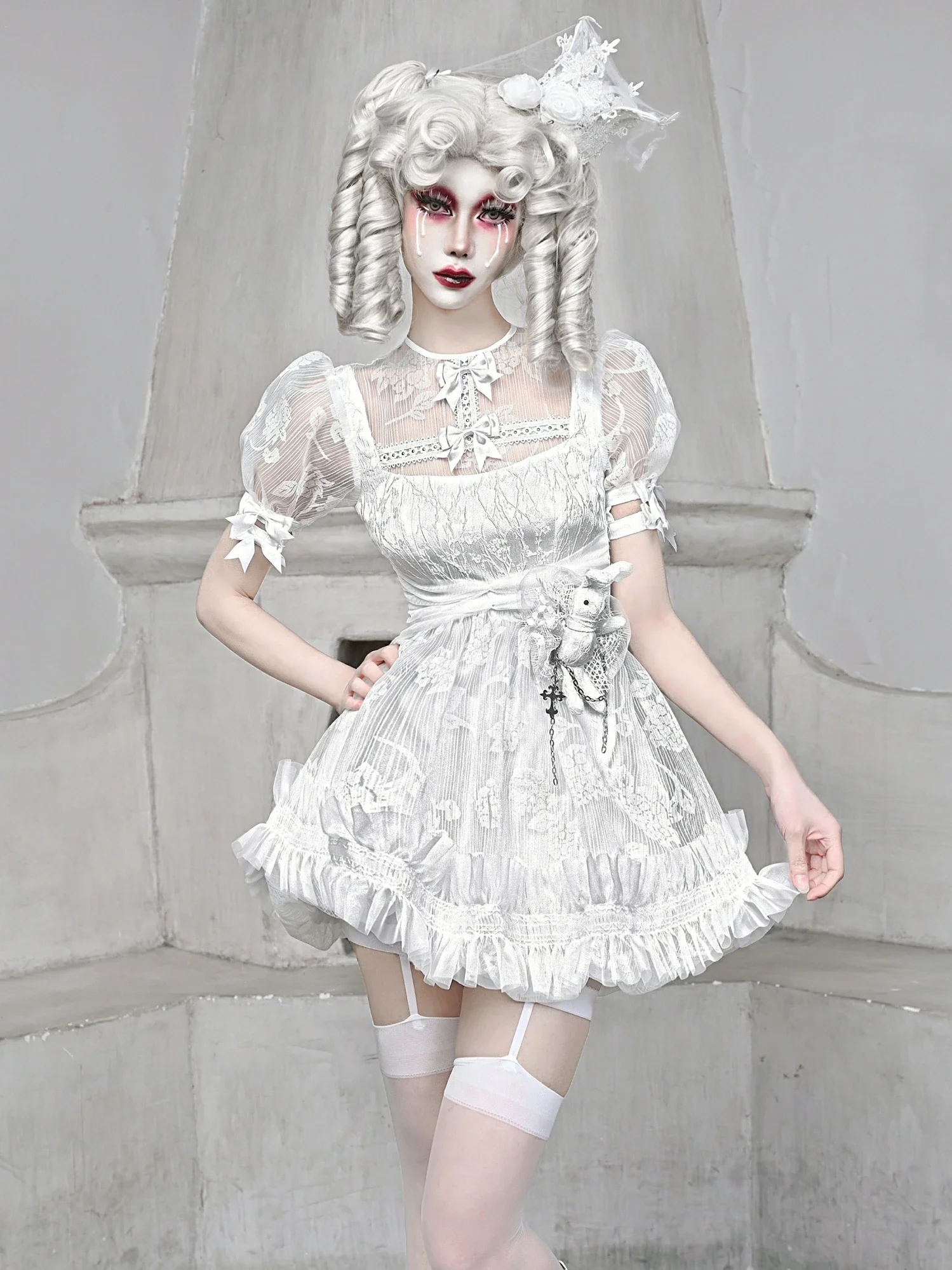 

Blood Supply Original White Gothic Chiffon High Waist Bubble Short Sleeve White Dress Sweet Lace Patch Bow Ties Mini Dresses