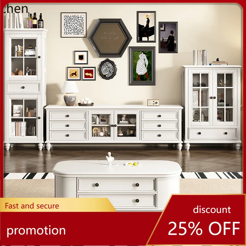 

Комплект мебели для гостиной: журнальный столик и тумба под телевизор из массива дерева CZ, напольный шкаф, цвет слоновой кости, белый чайный столик