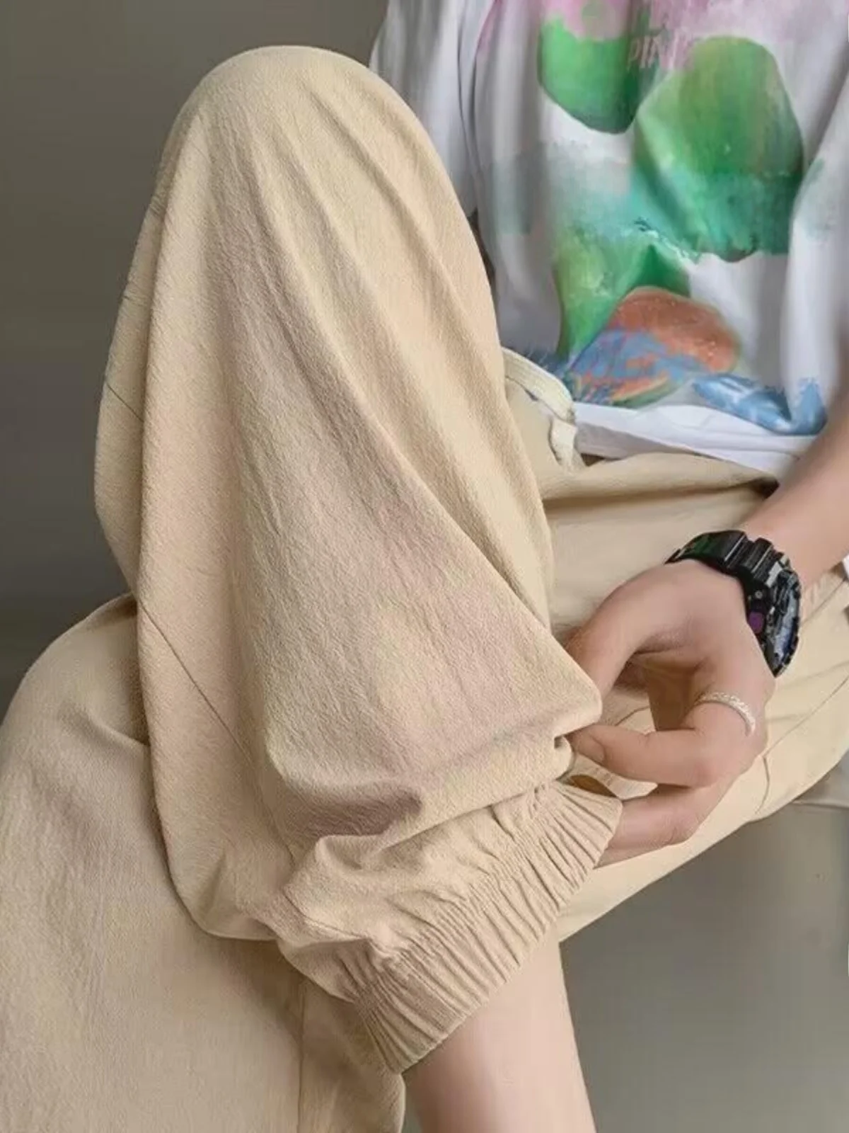 

Мужские летние тонкие свободные брюки из хлопка и льна с манжетами, модные спортивные повседневные брюки, дышащие, удобные, свободного кроя, с эластичным поясом