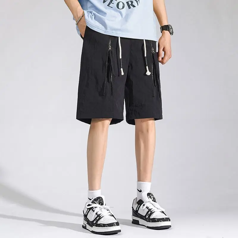 

Men's Shorts Summer Spliced Zipper Pocket Drawstring Short Pants Quick Dry Wide Leg Overalls Japanese Bottoms Outdoor Shorts