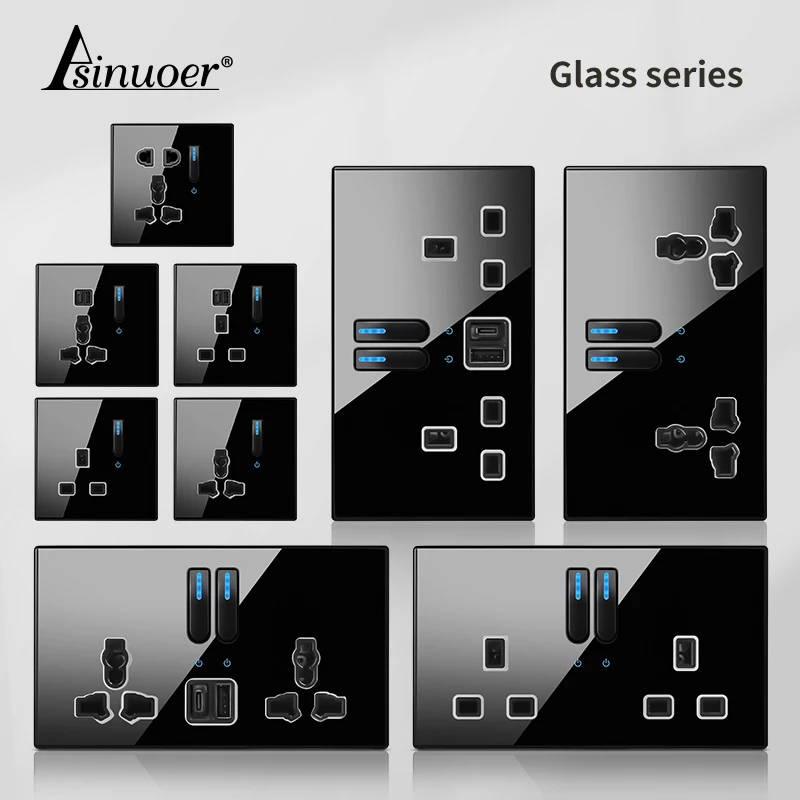 

Gray Piano Key Reset Switch Tempered Glass Panel 1Gang UN Multifunctional 3-hole Combination Office Hotel Home Villa Decoration