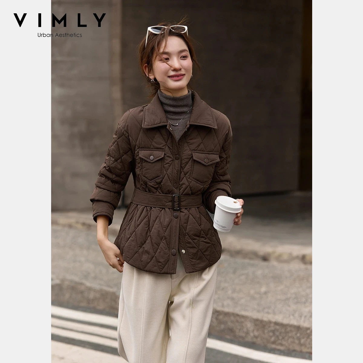 

VIMLY Commute Coat Women 2026 Winter Simple Solid Diamond Quilting Lapel Collar Ladies Parkas Thickened Female Clothing A3637