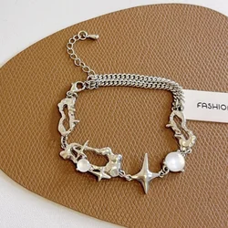 Irregular Hollow Four Pointed Star Design Bracelet for Women Silver Color Trendy Imitation Pearls Chain Bracelets Jewelry