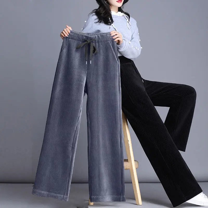 Calça de perna larga feminina, casual e solta, roupa reta, cintura elástica, monocromática, nova moda, outono e inverno, 2023