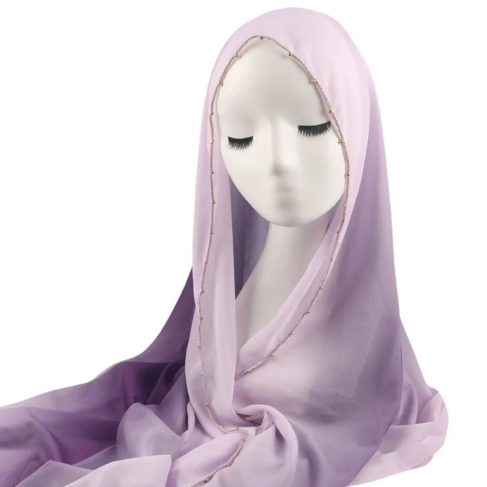 موضة التدرج مزدوجة الألوان العرقية نمط وشاح الخرز سلسلة الذهب حبة الإسلامية عمامة رقيقة باندانا يلتف شال الإناث #1