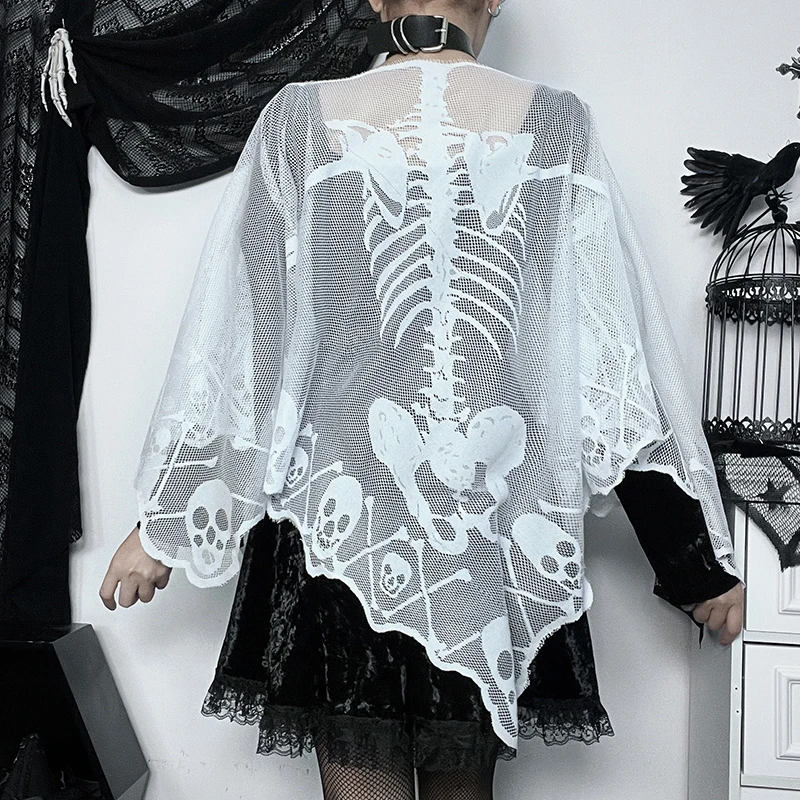 Skull Skeleton Lace Capes Women Poncho Bones Halloween Cape Day of The Dead Costume for Women Goth Shawl Wrap Poncho