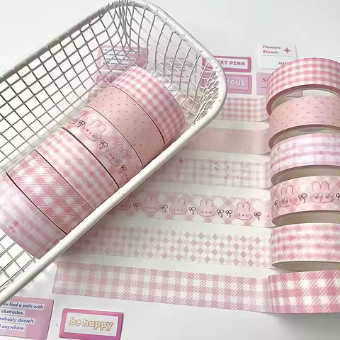 6pcs/set 8 styles Solid Color Basic Grid Star Cherry Decorative Tape Korean Ins Cute Creative Washi Tape School Stationery