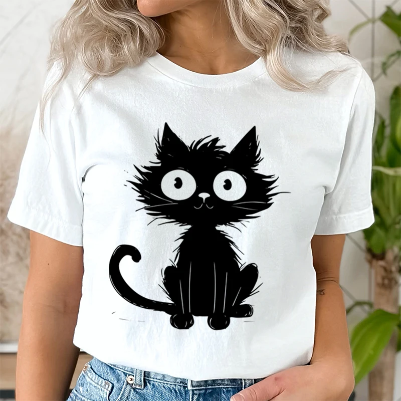 Summer Woman T-shirts Cute Cat Graphic Tee Round Neck Cartoon Cat Premium Printed T-shirt Summer Fashion Essential Tshirt Female