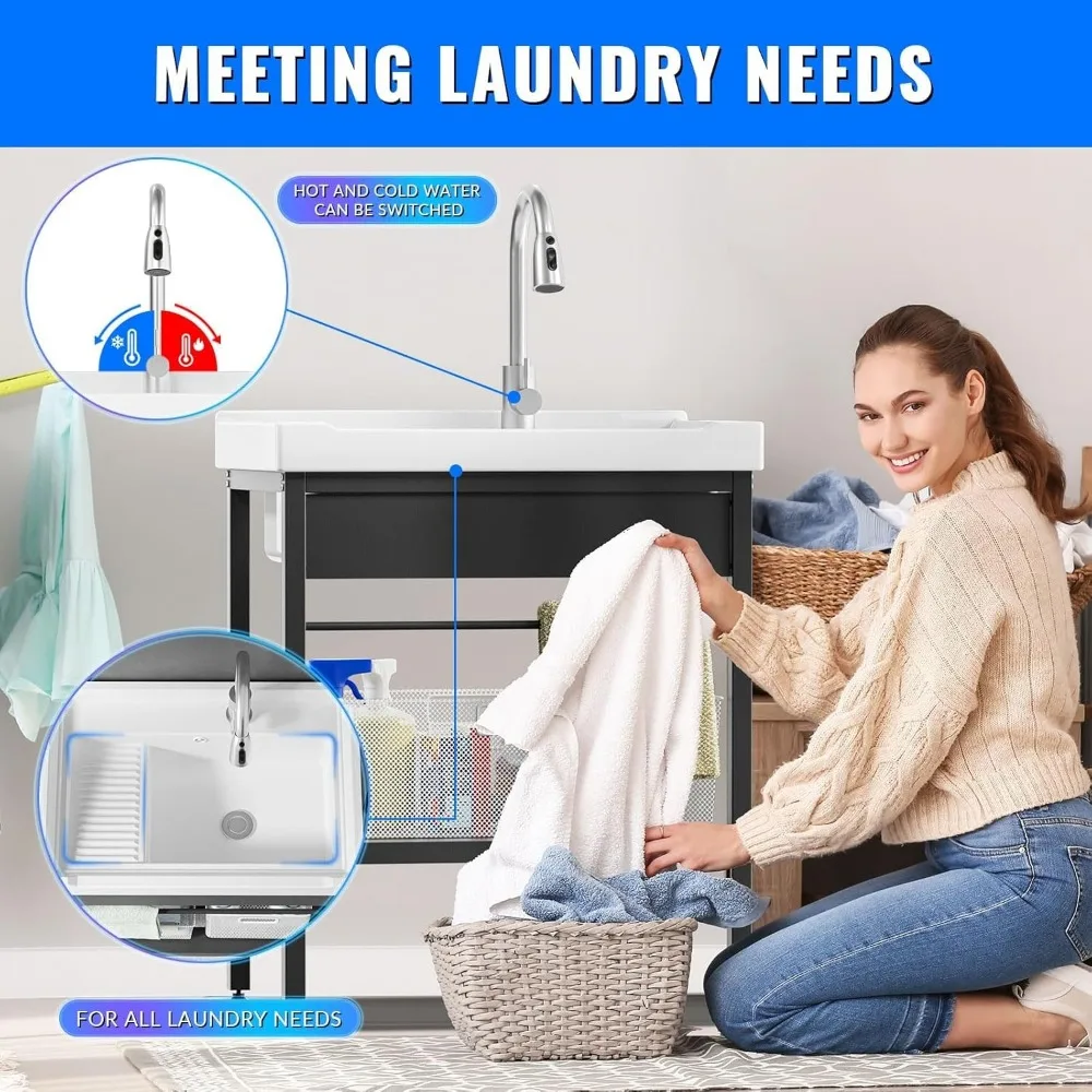 حوض سيراميك مقاس 28 × 19 × 34.3 مع مجموعة لوح غسيل، قائم بذاته، صنبور مياه بارد وساخن، يتضمن خراطيم، حوض غرفة الغسيل S #4