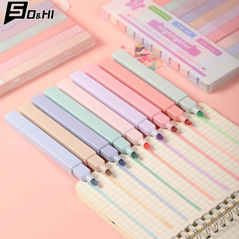 Fluorescent Highlighter Pens Double Headed Pastel Highlighters Stationary Supplies Kawaii Colored Markers Pens 12 Colors