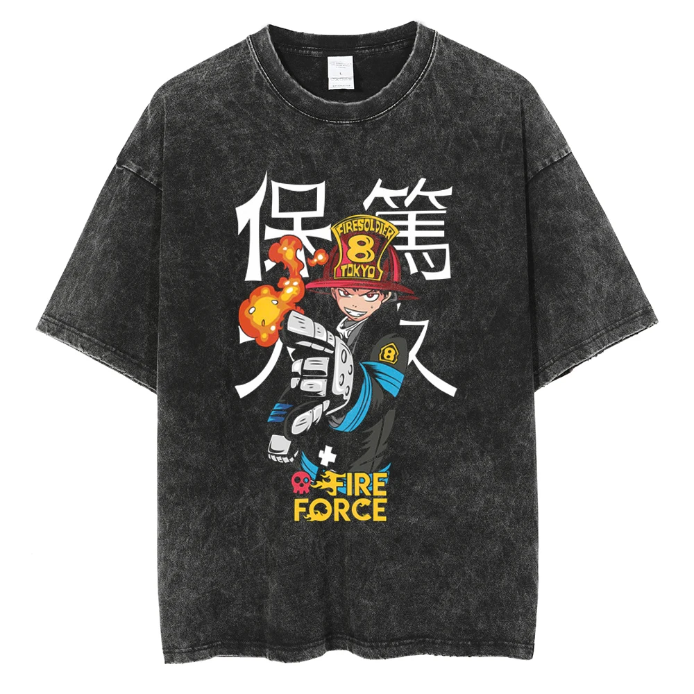 Fire Force Shinra Kusakabe Graphic T-shirt Vintage Washed Anime Merch Harajuku Unisex Oversized Crew Neck Cotton Sleeve Tee Tops