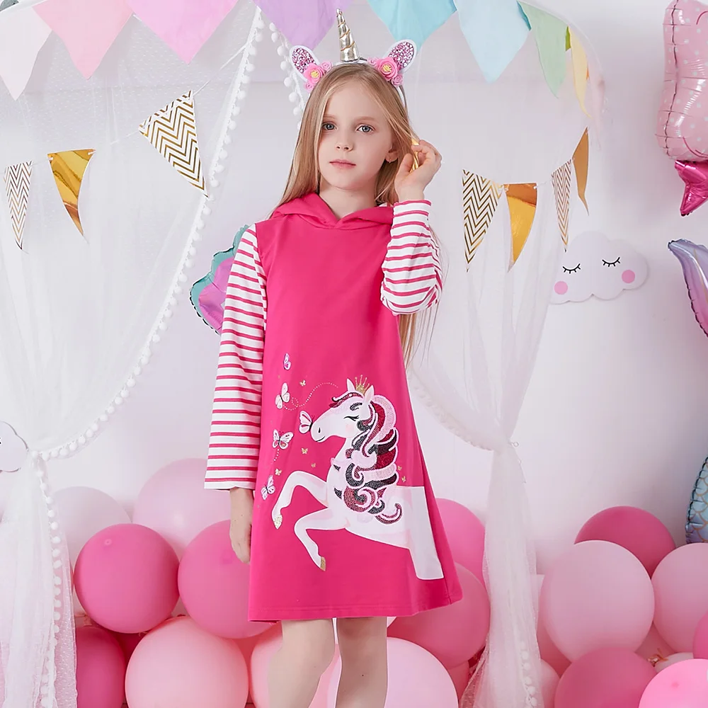 VIKITA Kids Cotton Casual Street Fashion Dress Girls Licorne Butterfly Sequined Appliqued Hooded Dresses Kids Cute Pink Dress