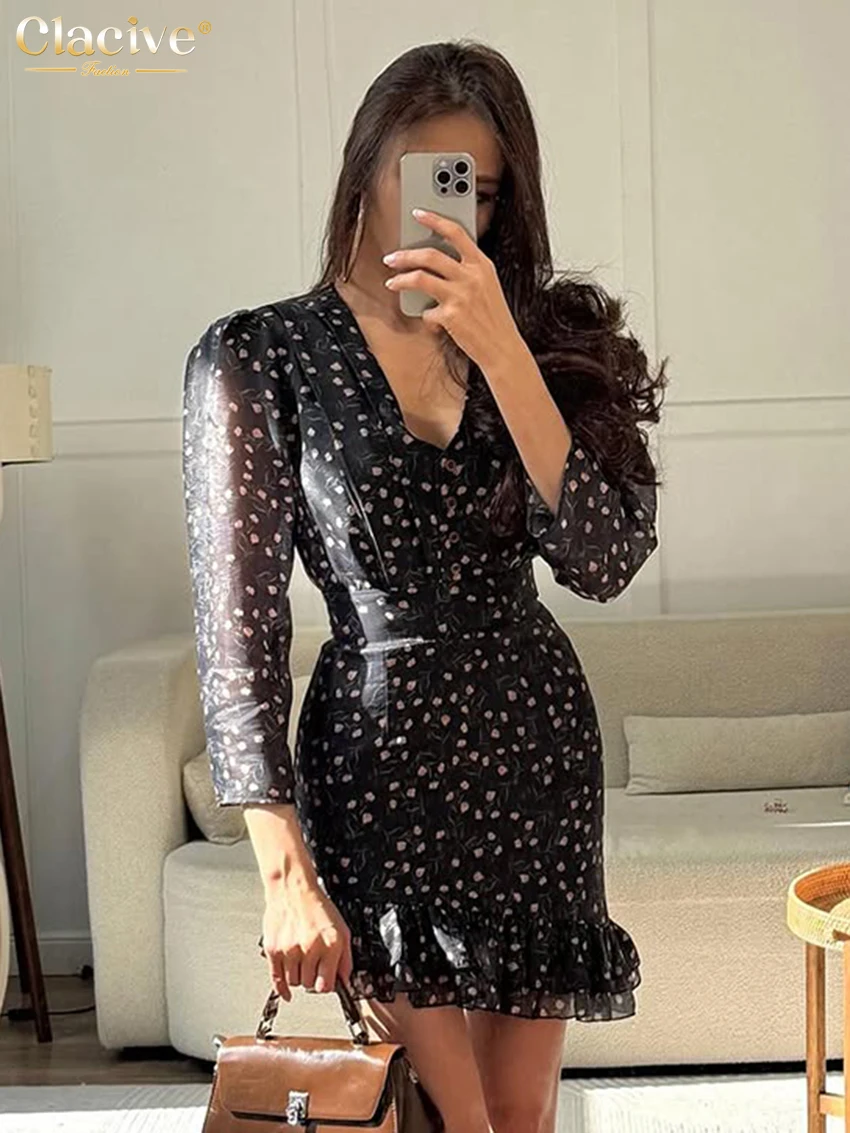 Clacive Fashion Slim Print Women's Dress 2025 Sexy V-Neck Long Sleeve Mini Dresses Elegant Classic High Waist Female Dress