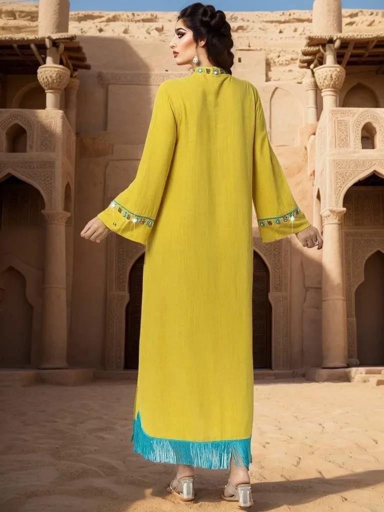 

Dubai Dresses Muslim Women Rhinestones Tassels Maxi Dress Abayas Turkey Kaftan Jalabiya Caftan Evening Party Femme Gown Vestidos
