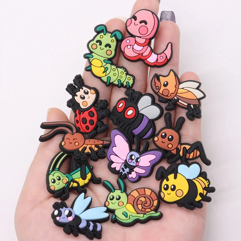 Good Quality 1-12pcs Shoe Charms Caterpillar Snail Bee Butterfly Accessories PVC Shoes Decorations DIY Fit Wristbands Kids Gift