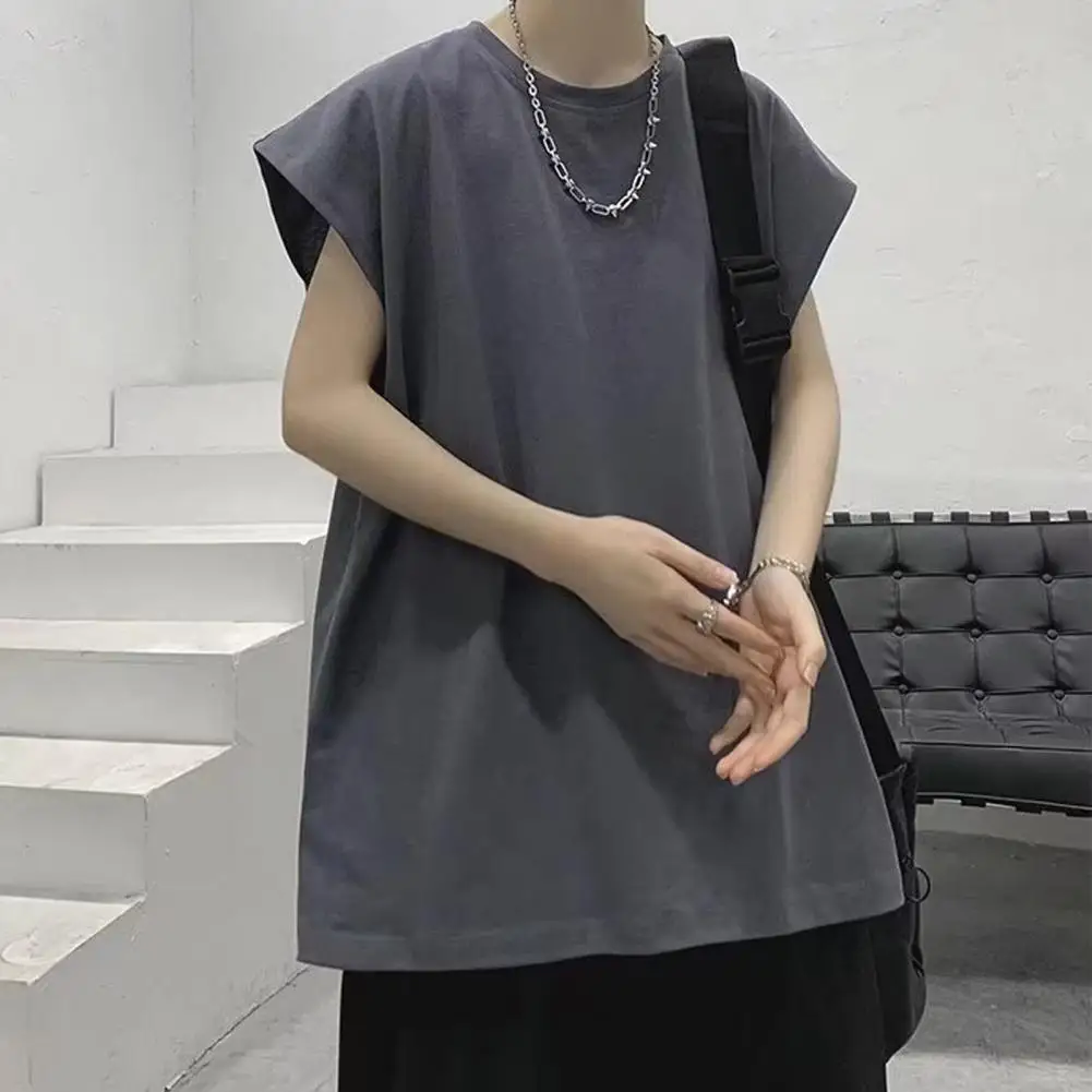 

Men Summer T-shirt O Neck Sleeveless Loose Solid Color Plus Size Mid Length Casual Soft Breathable Pullover Sports Tank Top